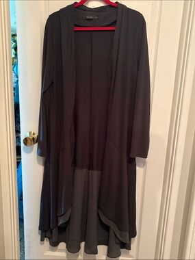 Ice silk Long grey Open Front Cardigan with Layered Hem
